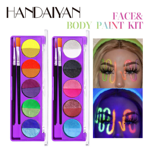 UV Body & Face Paint Palette – 8 Colors, 4 Fluorescent Under UV Light, Non-Toxic, Eco-Friendly, Long-Lasting, Includes 2 Brushes, Perfect for Parties & Festivals