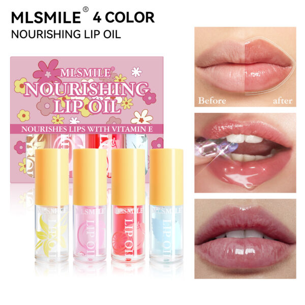 4-Flavor Nourishing Lip Oil Set – Infused with Vitamin E, Silicone Applicator, Hydrating & Glossy Finish